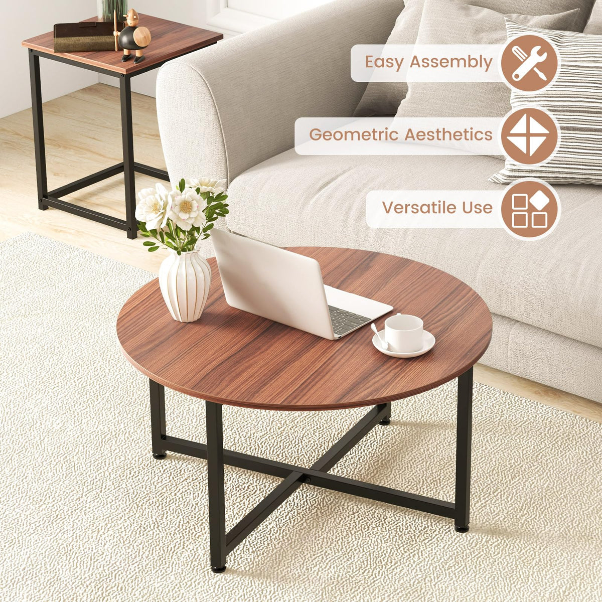 ound Coffee Table and 2PCS Square End Tables with Heavy-Duty Metal Frame