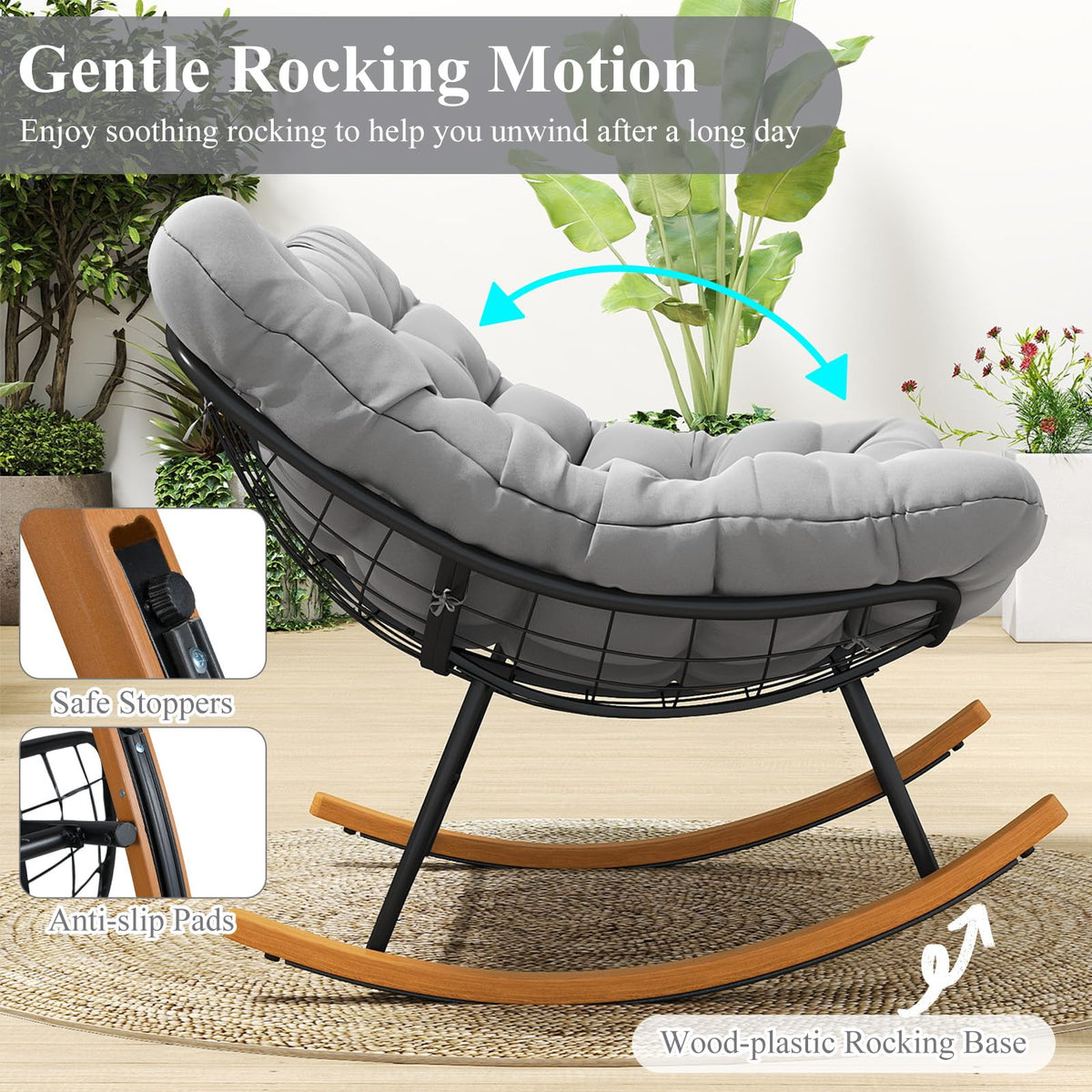 150 cm Double Papasan Rocking Chair with Thick Cushion for 2