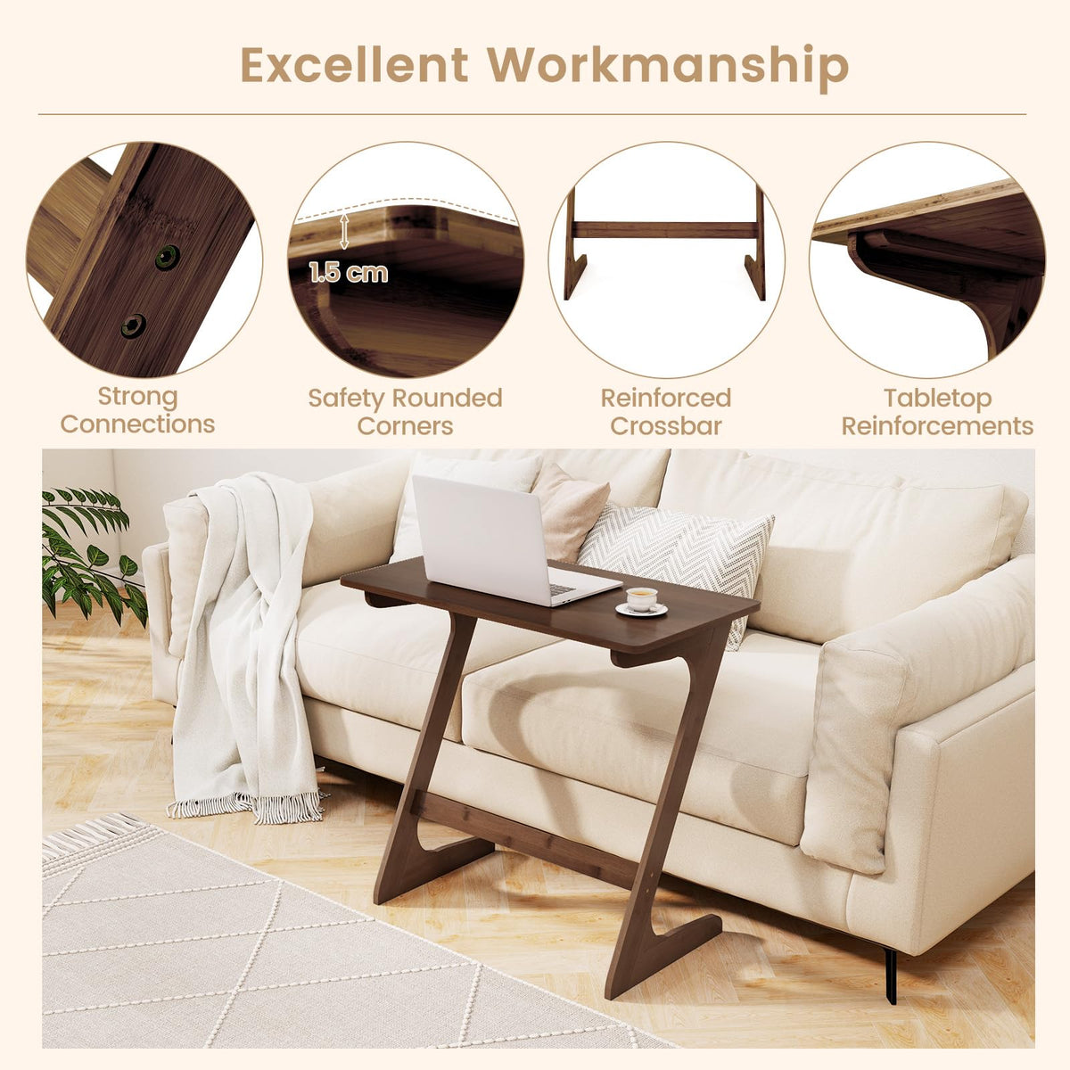 Giantex Bamboo Sofa Side Table, Z-Shaped End Table W/Spacious Tabletop