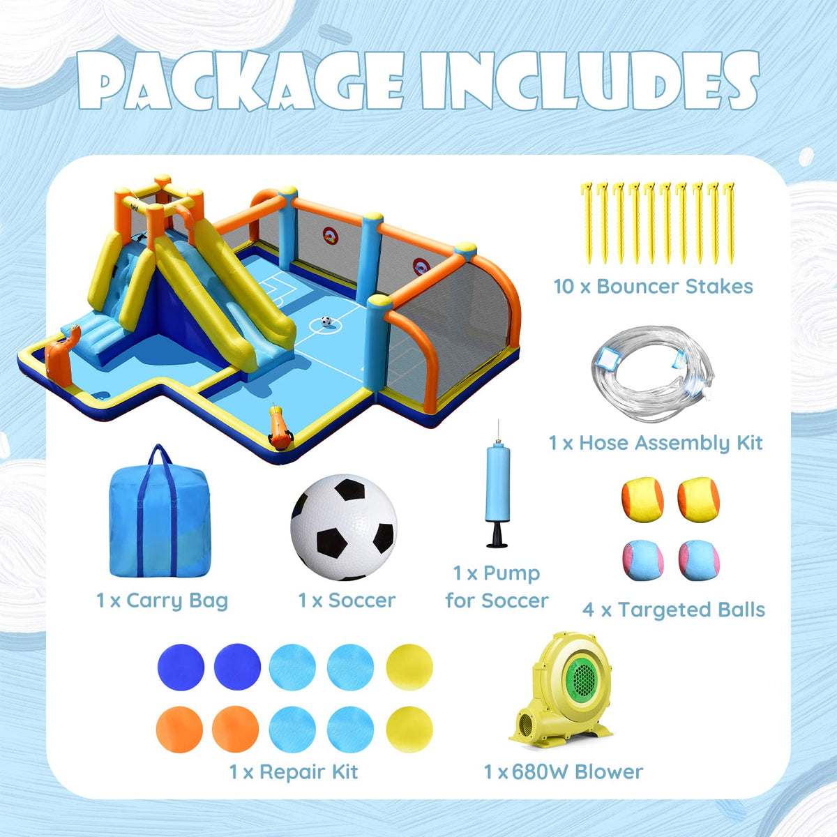 Inflatable Water Slide, 7-in-1 Long Slide Giant Water Park Wet Dry Combo with Water Soccer Splash Pool (with 680W Blower)