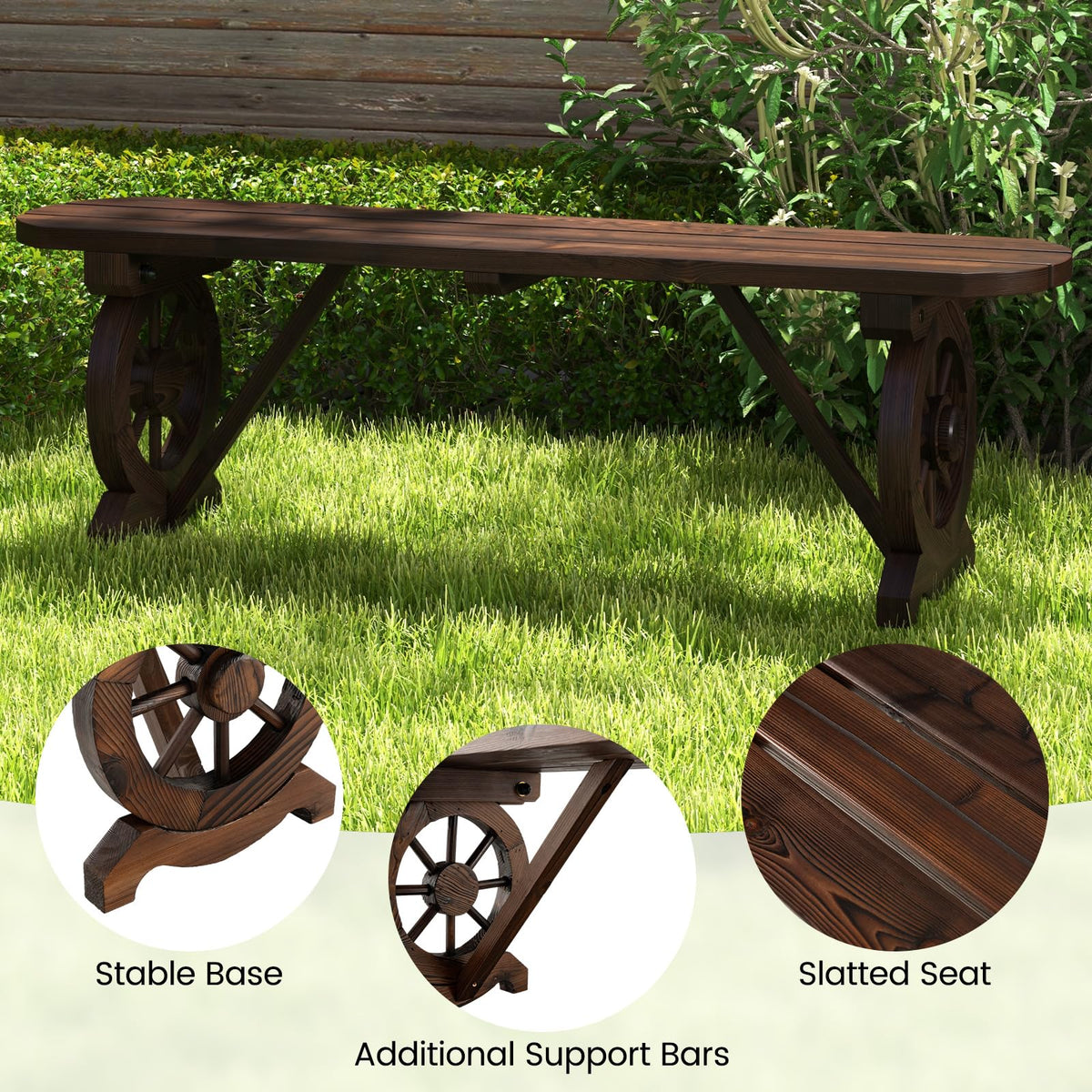 Patio Rustic Wood Bench, Carbonized Wood Long Bench w/Wagon Wheel Base