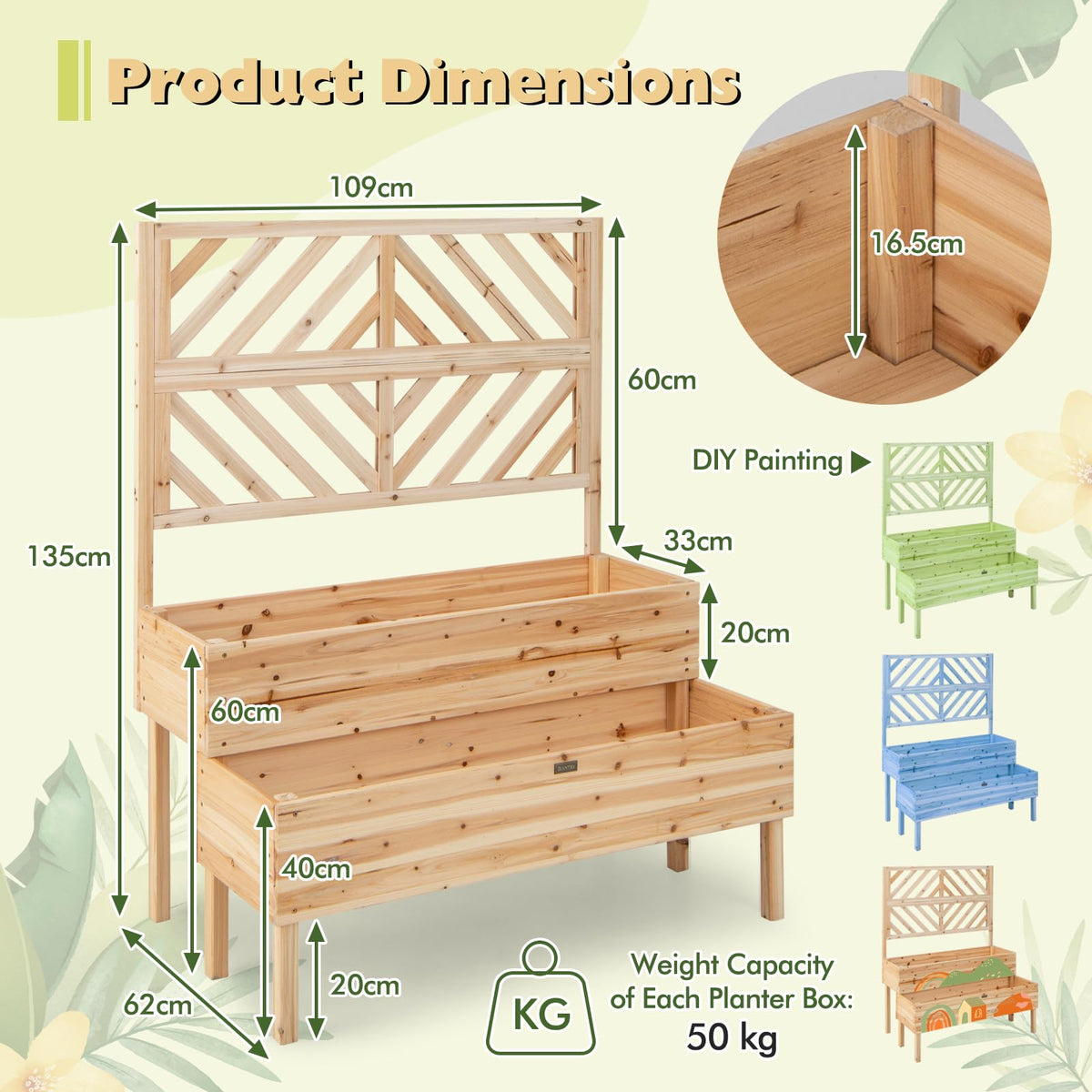Giantex 2-Tier Raised Garden Bed w/Trellis, Wooden Elevated Planter Box w/Legs