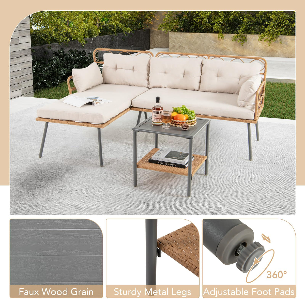 3 Pieces Corner Patio Furniture with Small Coffee Table for Garden Backyard