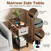 Narrow Side Table with Charging Station and LED Lights for Small Spaces and Living Room