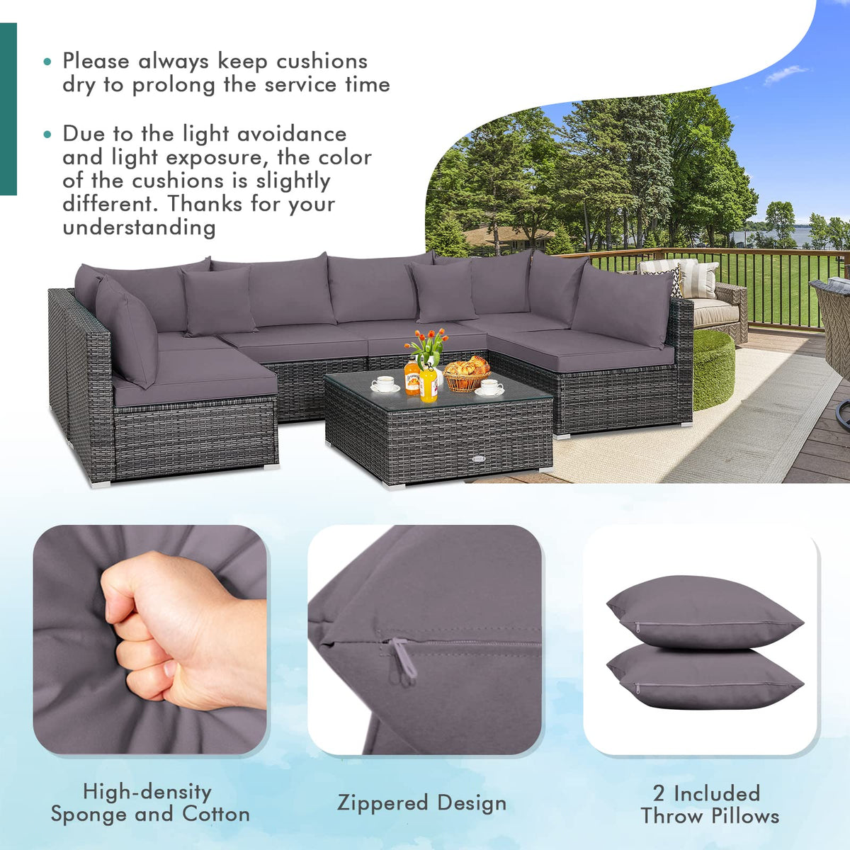 7 Piece Patio Rattan Conversation Set with Seat & Back Cushions for Backyard/Poolside/Balcony