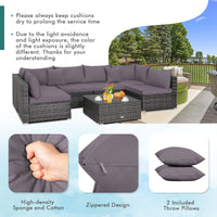 7 Piece Patio Rattan Conversation Set with Seat & Back Cushions for Backyard/Poolside/Balcony
