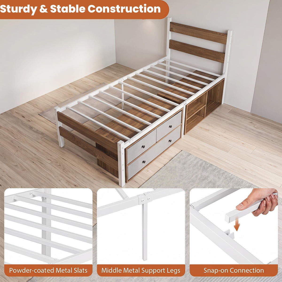 Giantex Single Size Metal Bed Frame w/3 Drawers & Storage Cubes, Industrial Platform Bed