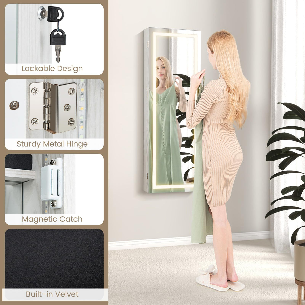 Giantex 108 cm Jewelry Mirror Cabinet, Lockable Jewelry Door & Wall Cabinet