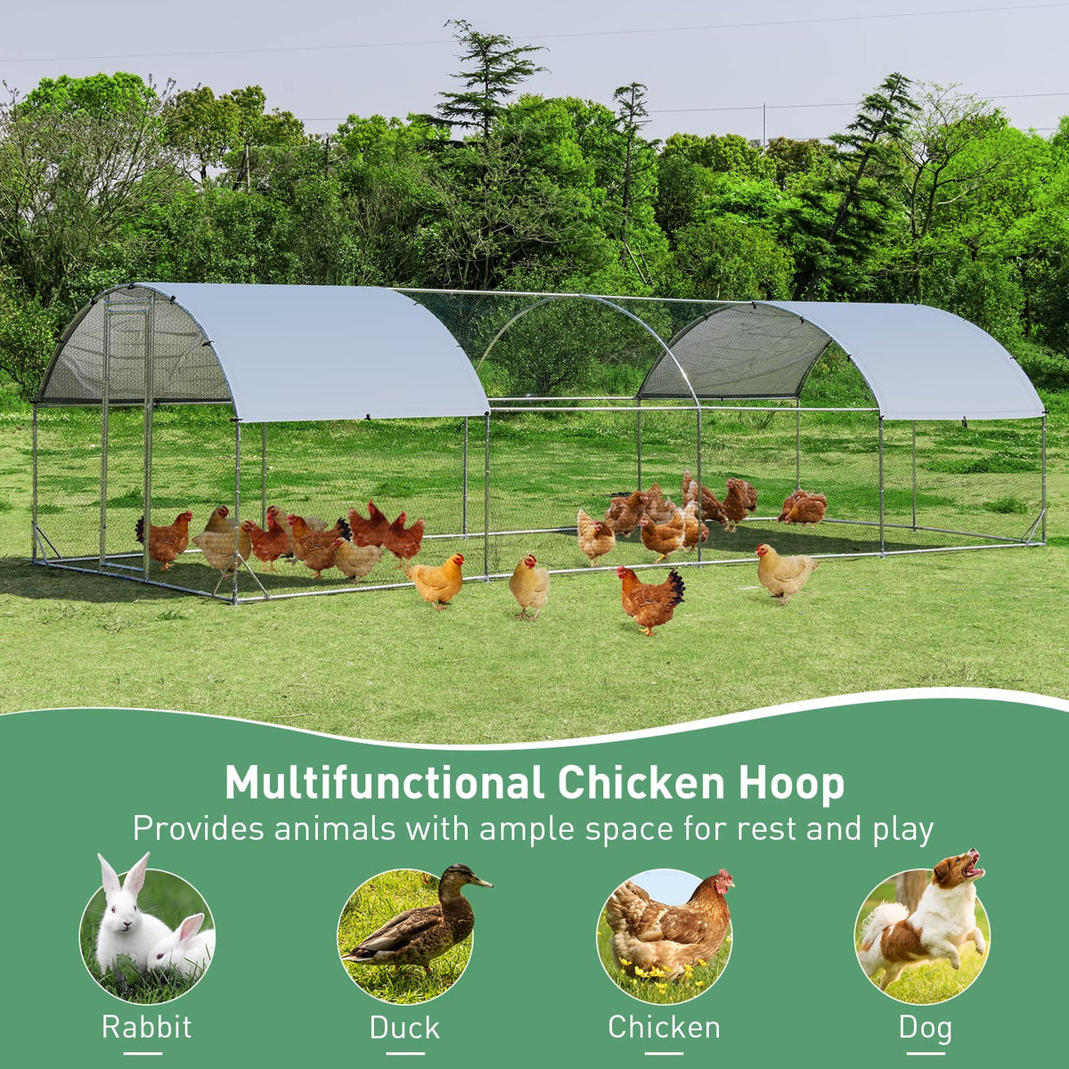 Large Metal Chicken Coop, Galvanized Walk in Poultry Cage with Waterproof and Sun-Protective Cover