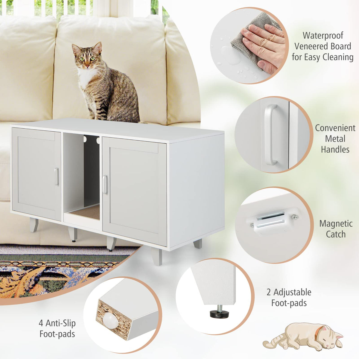 Cat Litter Box Enclosure Bench, Hidden Cat Box Washroom w/Doors