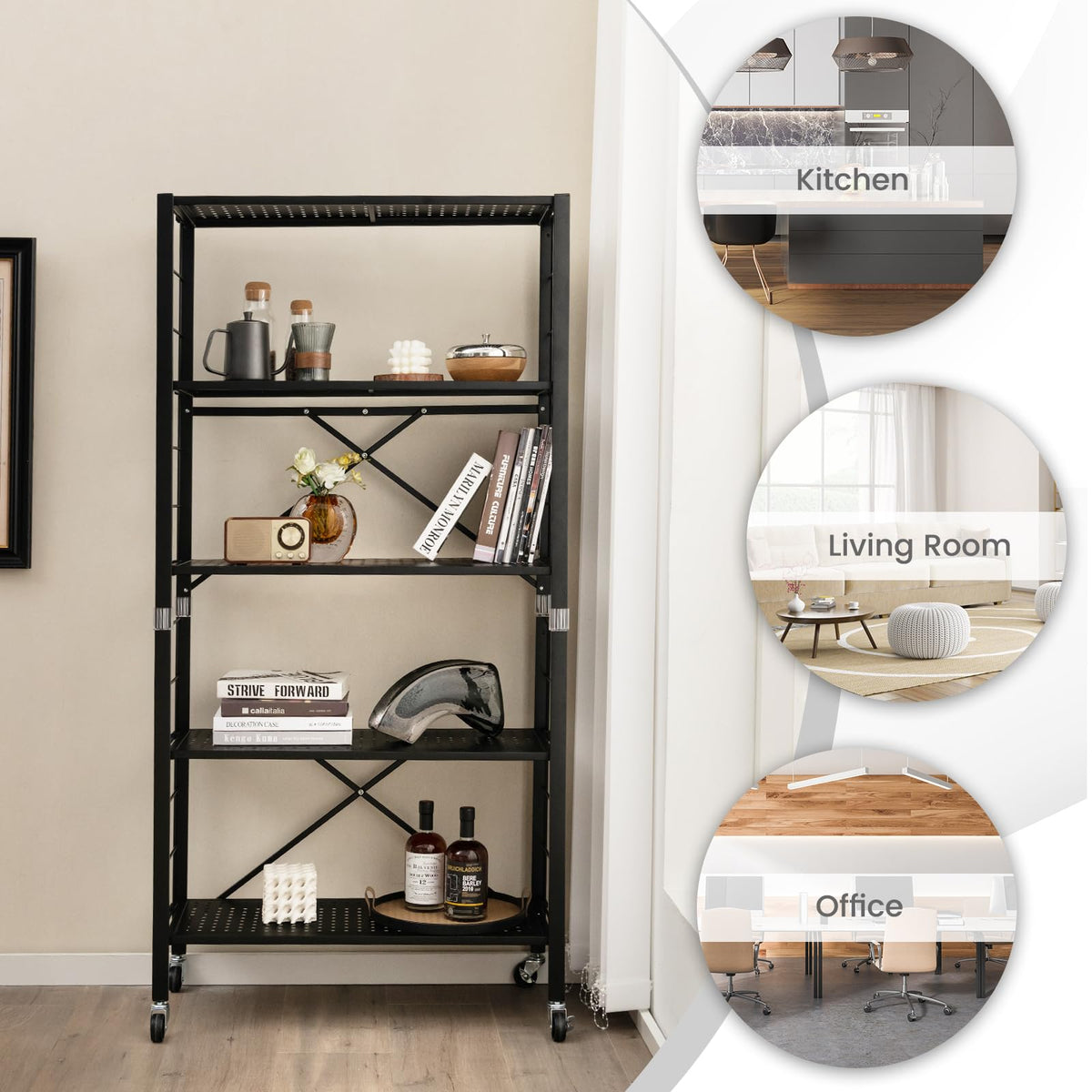 Giantex Folding Storage Shelves, 5-Tier Metal Collapsible Shelves with Wheels