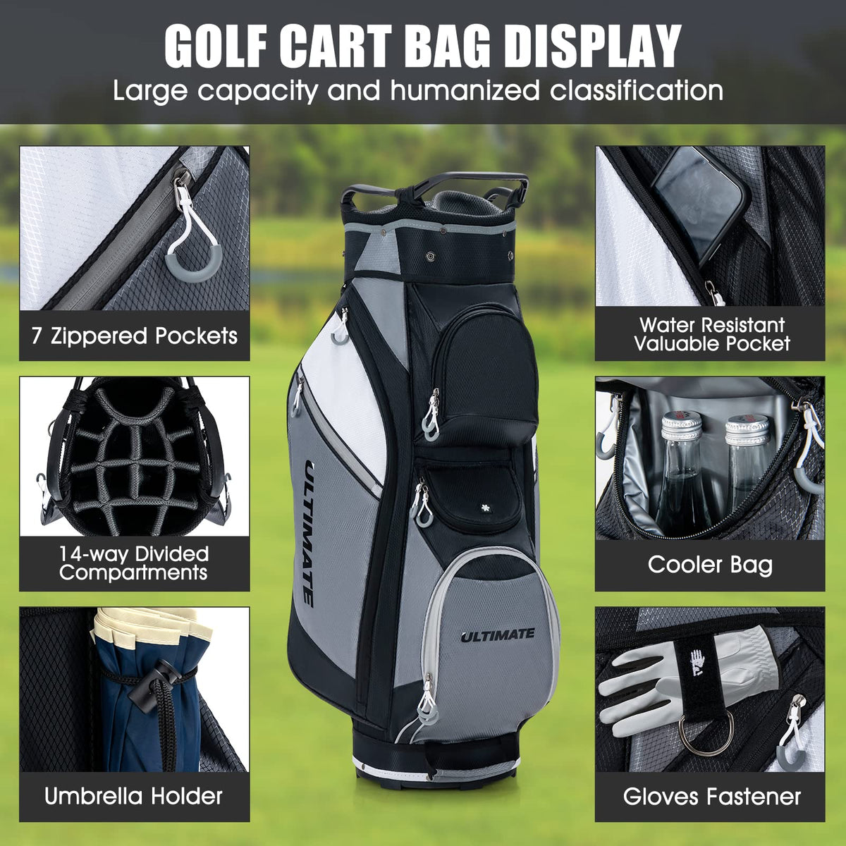 14-Way Golf Cart Bag, Lightweight Portable Golf Club Bag with Cooler Bag, Waterproof Valuable Pocket