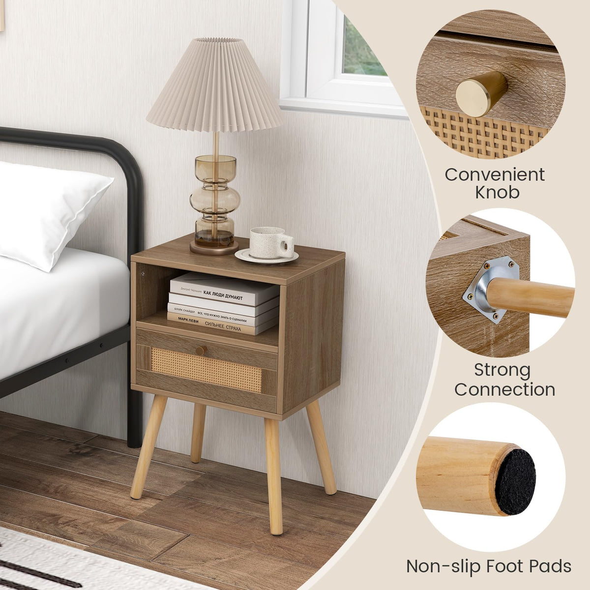 Giantex Rattan Nightstand Set of 2, Home Boho Small Side End Table