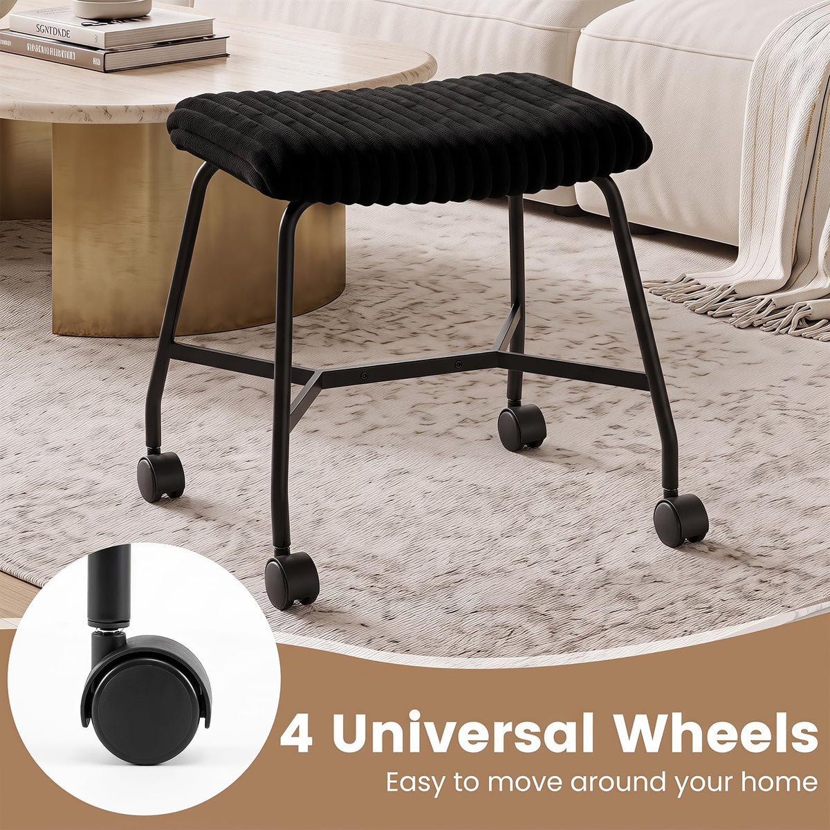 Upholstered Footrest Stool Set of 2 with 4 Swivel Casters and Thick Cushion for Living Room