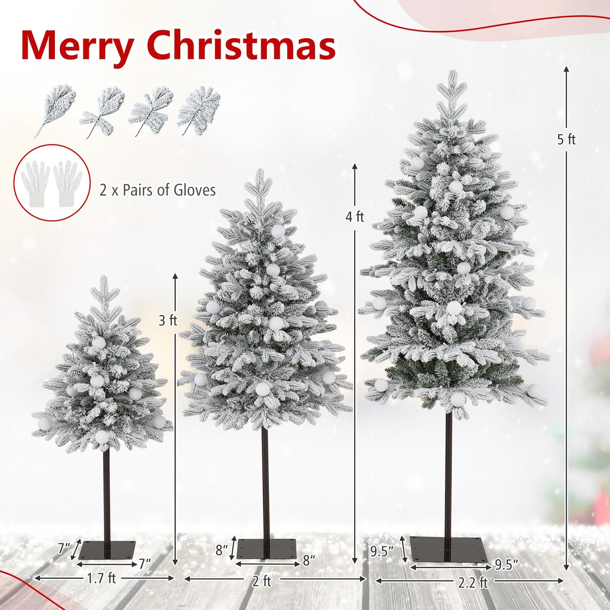 3' 4' 5' Pre-Lit Flocked Christmas Tree Set of 3, Battery Operated