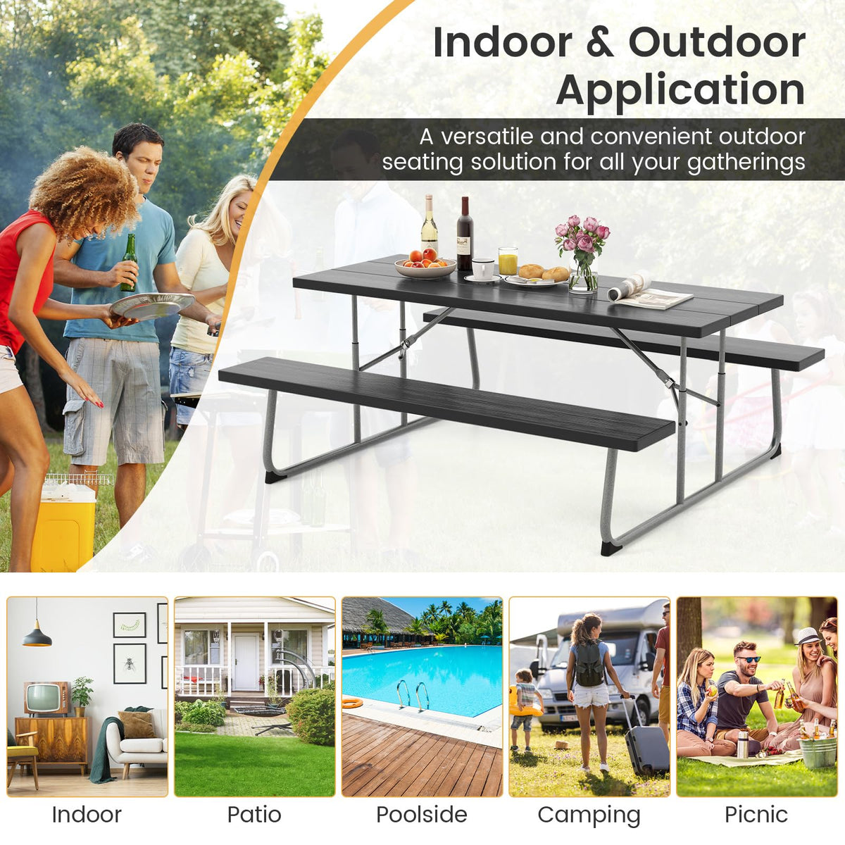 Folding Picnic Table with 2 Benches with Metal Frame and All-Weather HDPE Tabletop