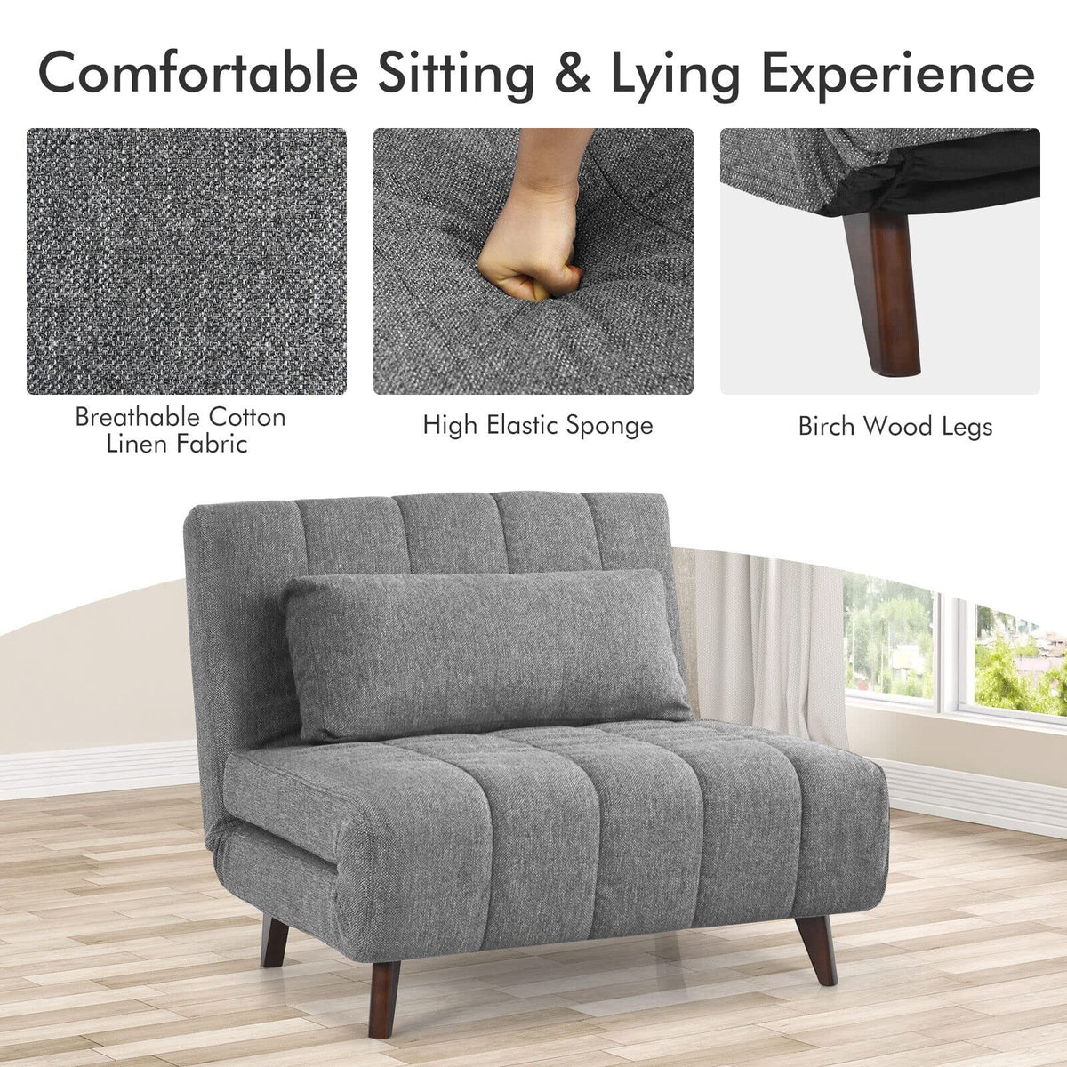 Tri-Fold Down Sofa Bed Chair with Solid Wood Legs