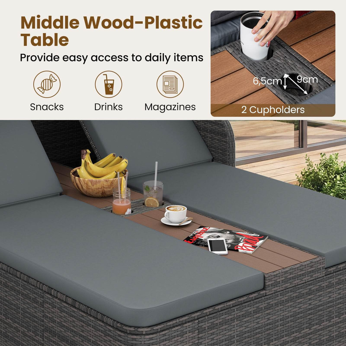 Rattan Double Daybed, Outdoor Chaise Lounge Loveseat w/Retractable Sunshade