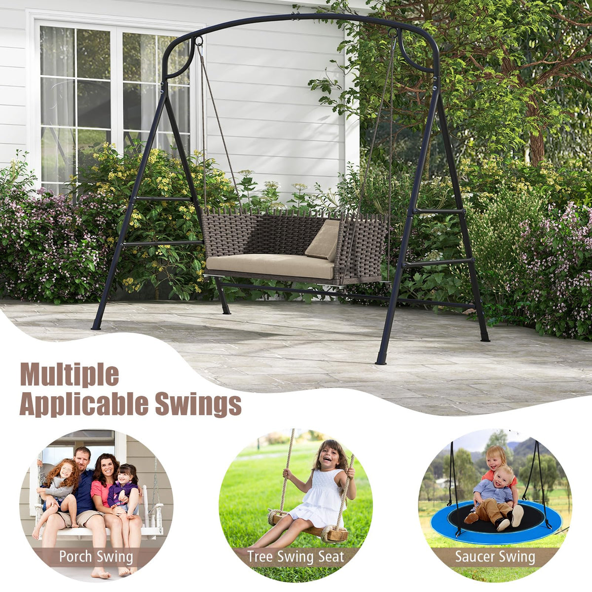 Patio Metal Swing Stand, Heavy-Duty A-Shaped Porch Swing Frame w/Double Side Bars & 2-Ring Design