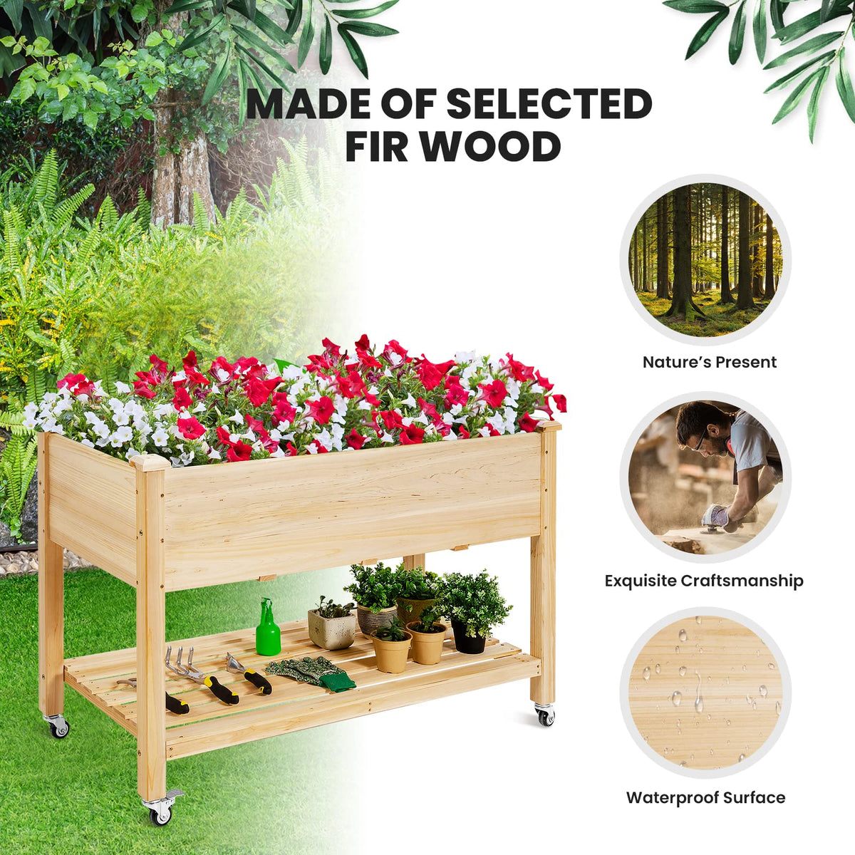 Elevated Wooden Planter Box with Lockable Wheels and Shelf