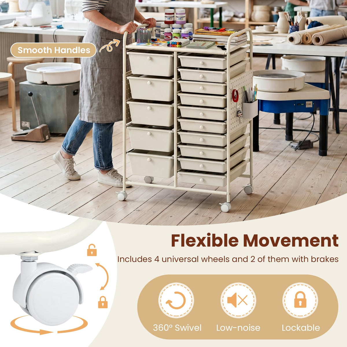 Giantex 15-Drawer Rolling Cart with Pegboard & Metal Frame