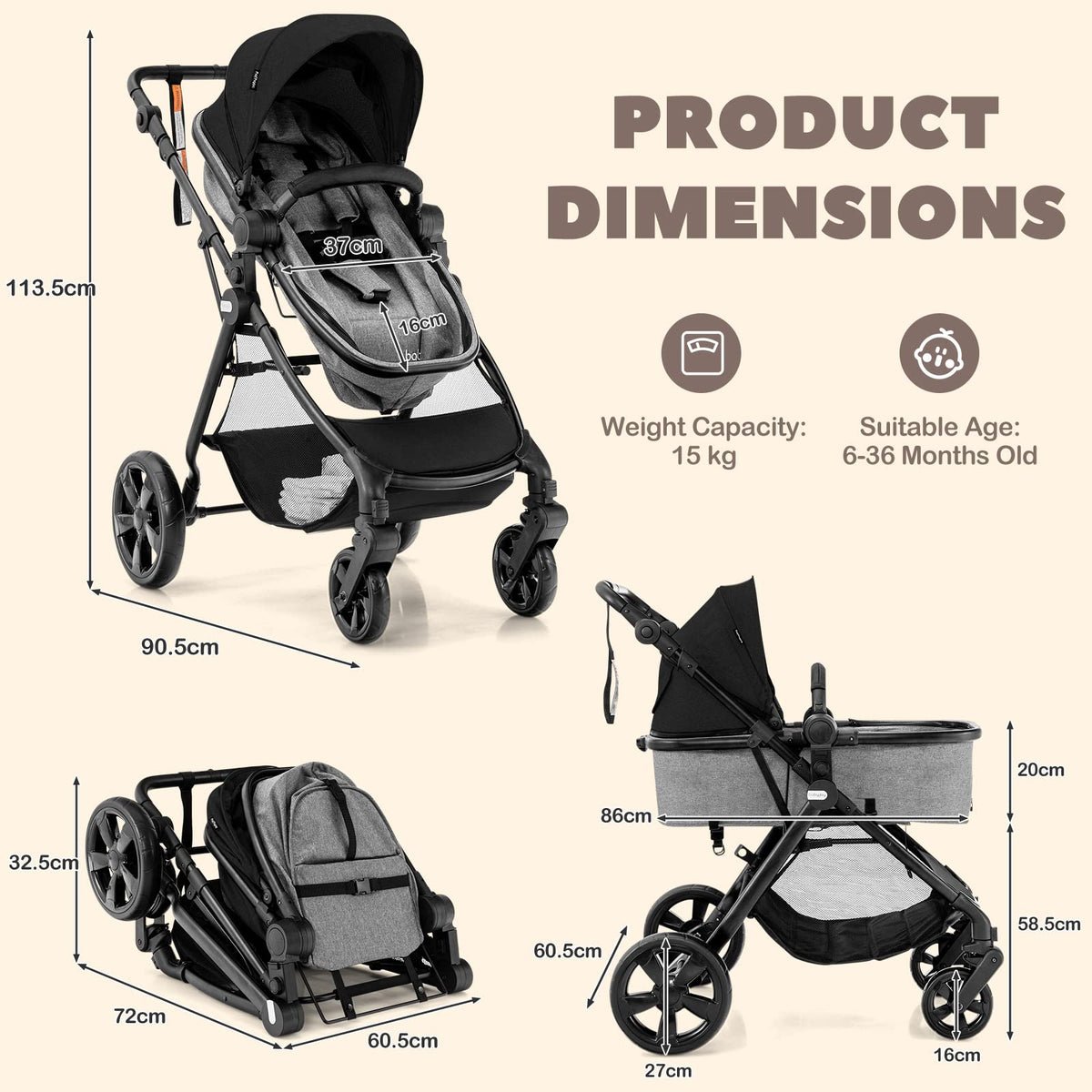 High Landscape Baby Stroller, 2 in 1 Convertible Baby Pram Jogger with Adjustable Canopy & Backrest