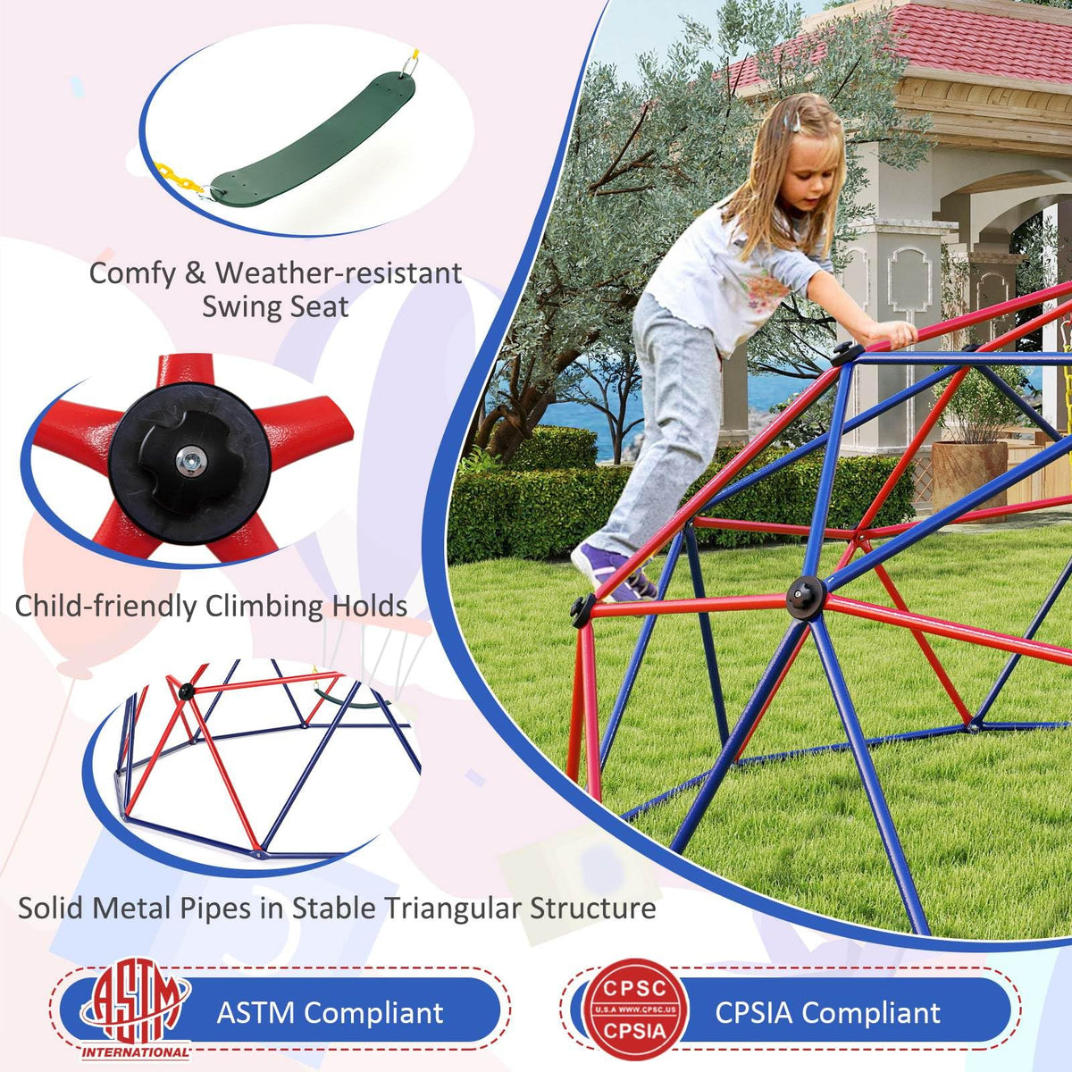 3m Kids Climbing Dome with Swing Outdoor Jungle Gym Climber