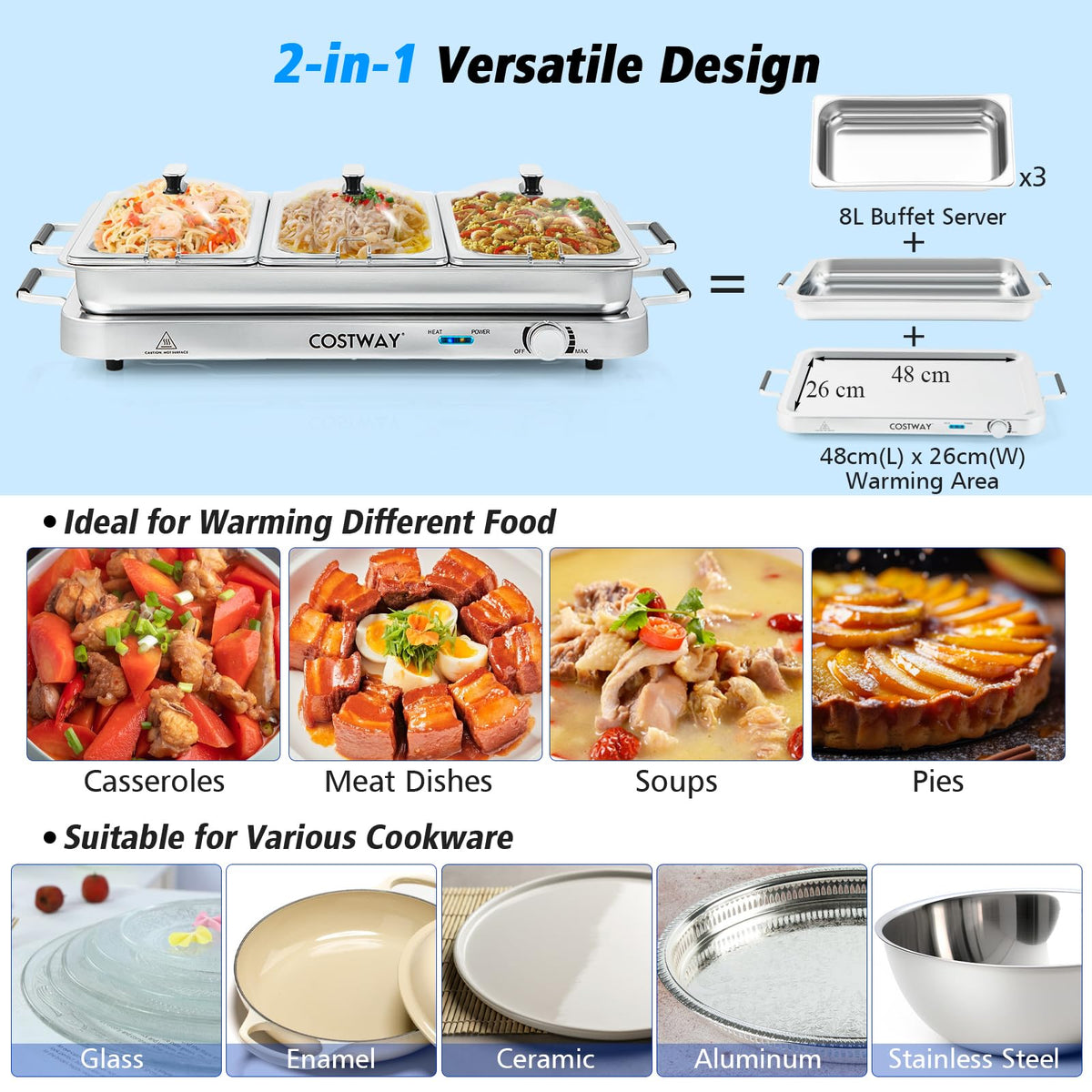 Food Warmer Buffet Server, 450W Stainless Steel Electric Warming Tray