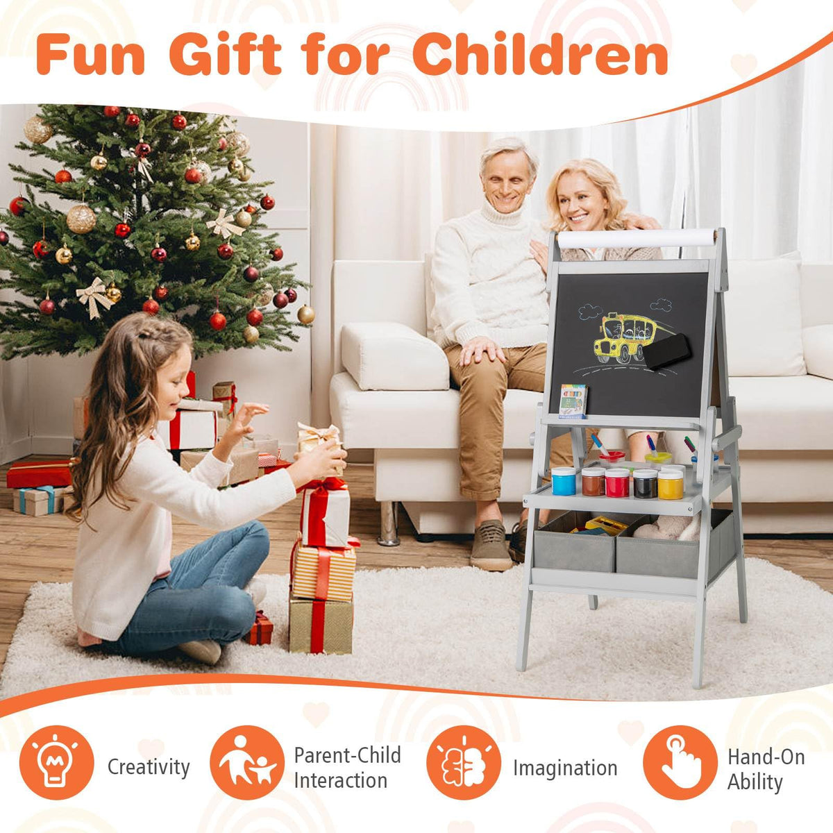 3-in-1 Kids Standing Double-sided Easel with Magnetic Chalkboard and Whiteboard