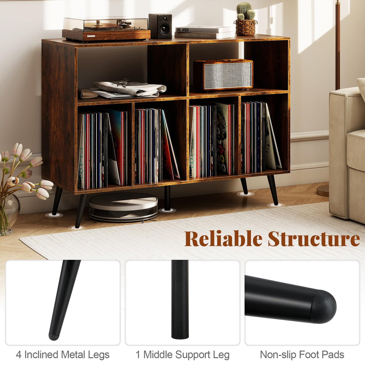 3-Tier Record Player Stand with Vinyl Storage Shelves and 5 Metal Legs for Living Room