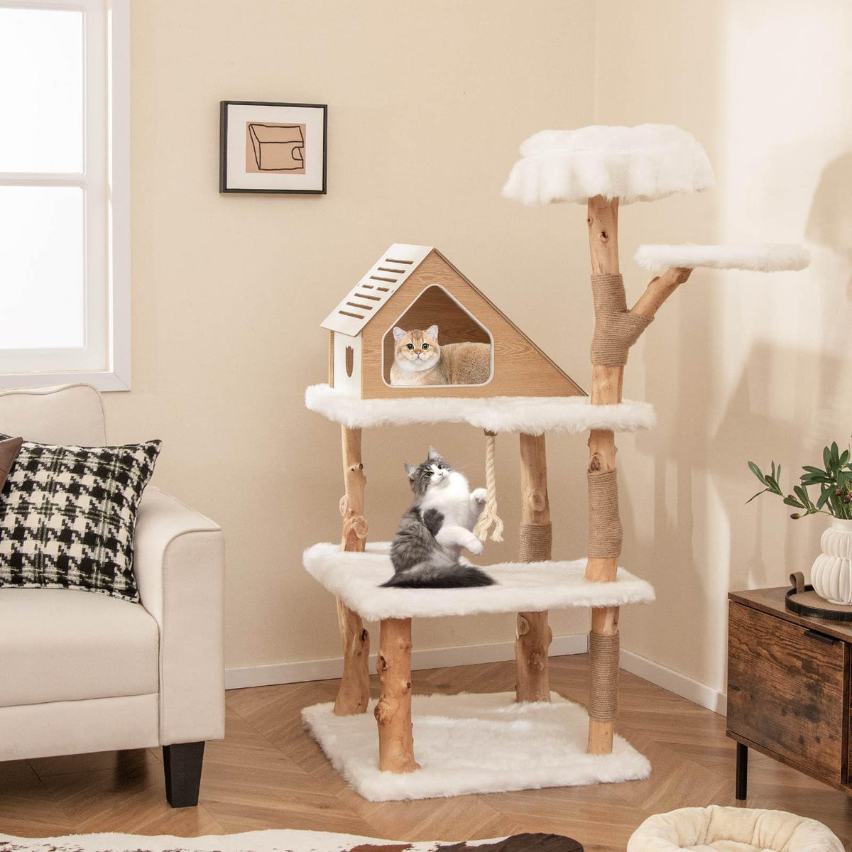 Cat Tree For Dogs 150cm Tall Solid Wood Cat Tree, Modern Wooden Cat Tower w/ 2 Perches ...