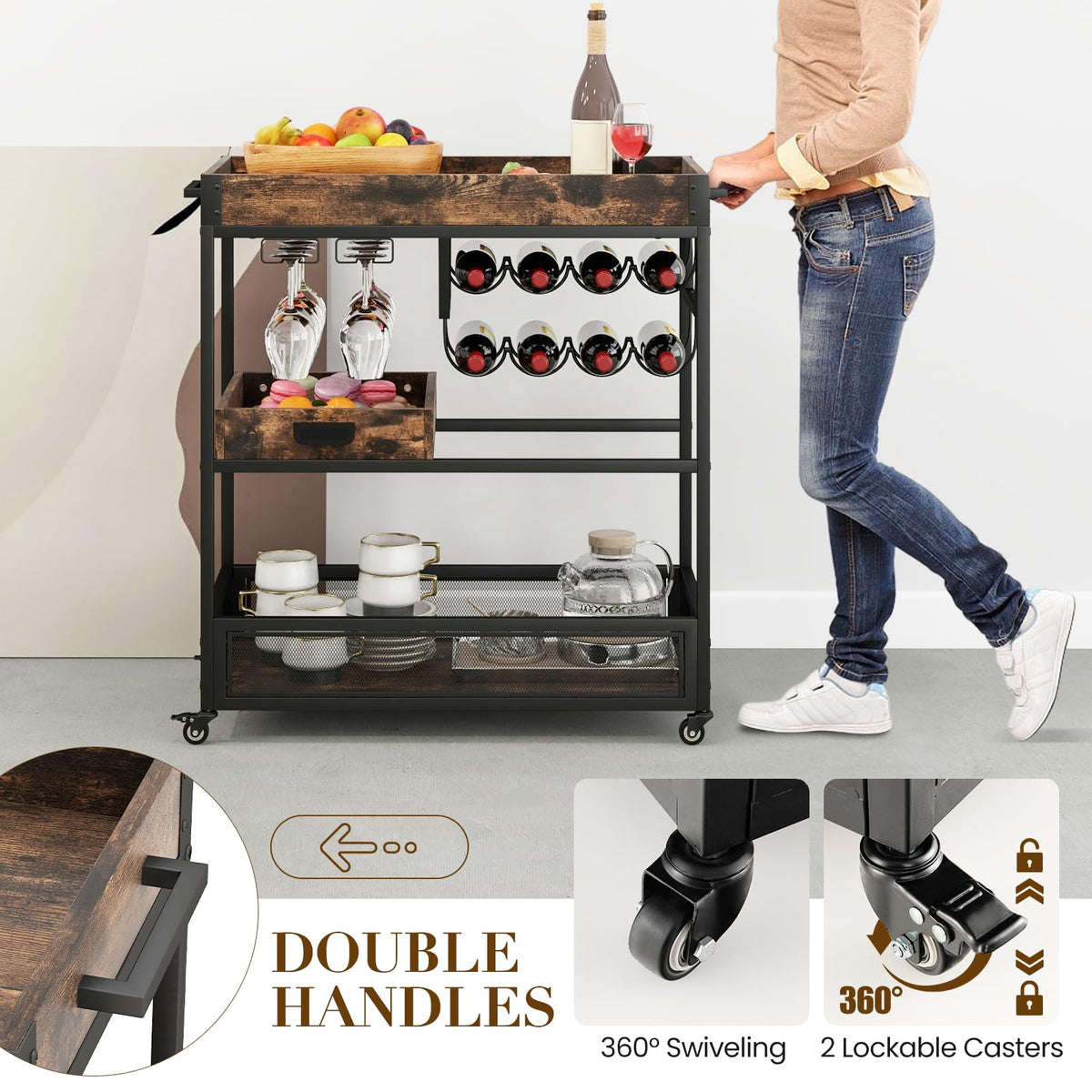 Giantex Rolling Bar Cart, 3-Tier Industrial Buffet Serving Cart with Wine Rack