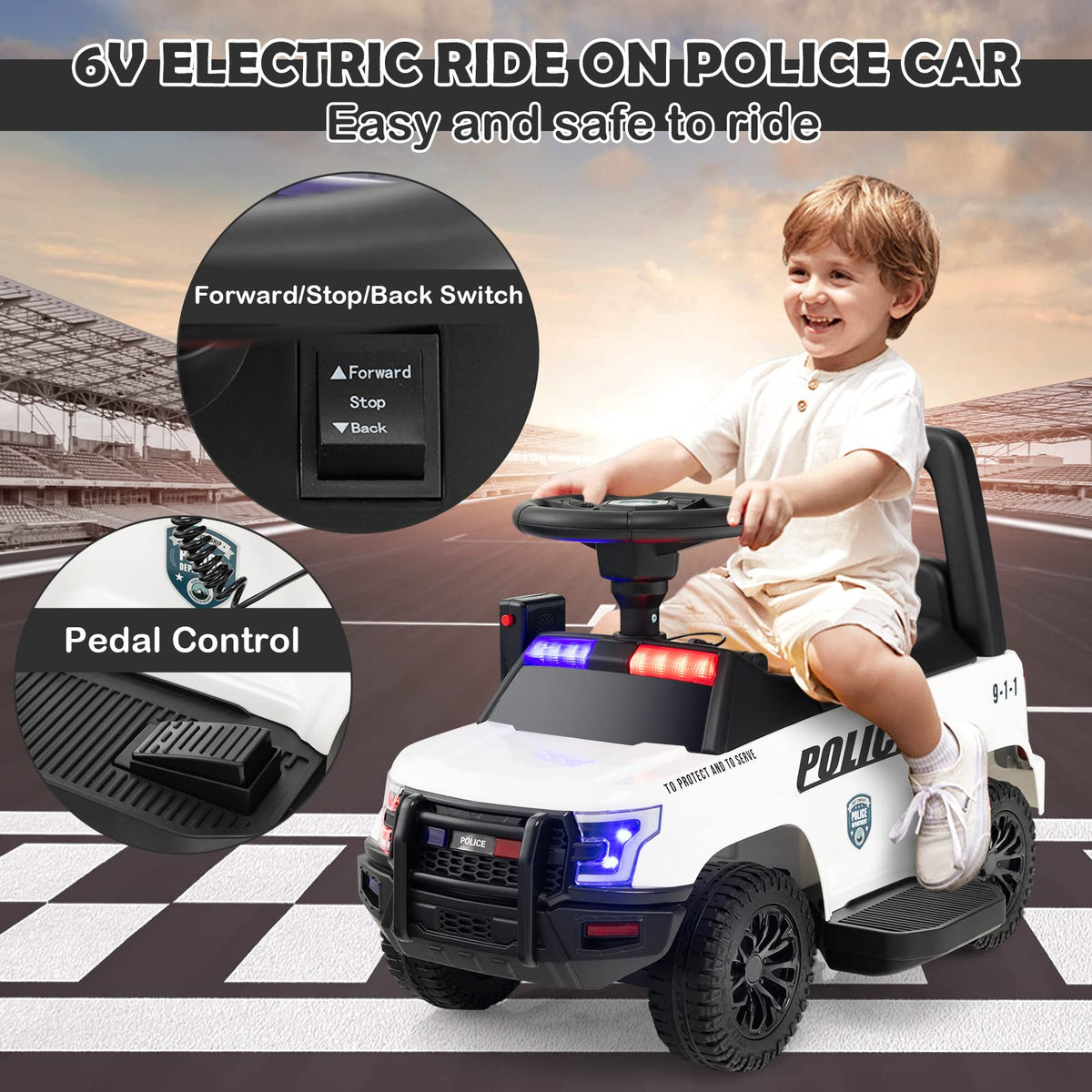 Kids Ride On Police Car, 6V Battery Powered Electric Toy Car w/Real Megaphone, Music