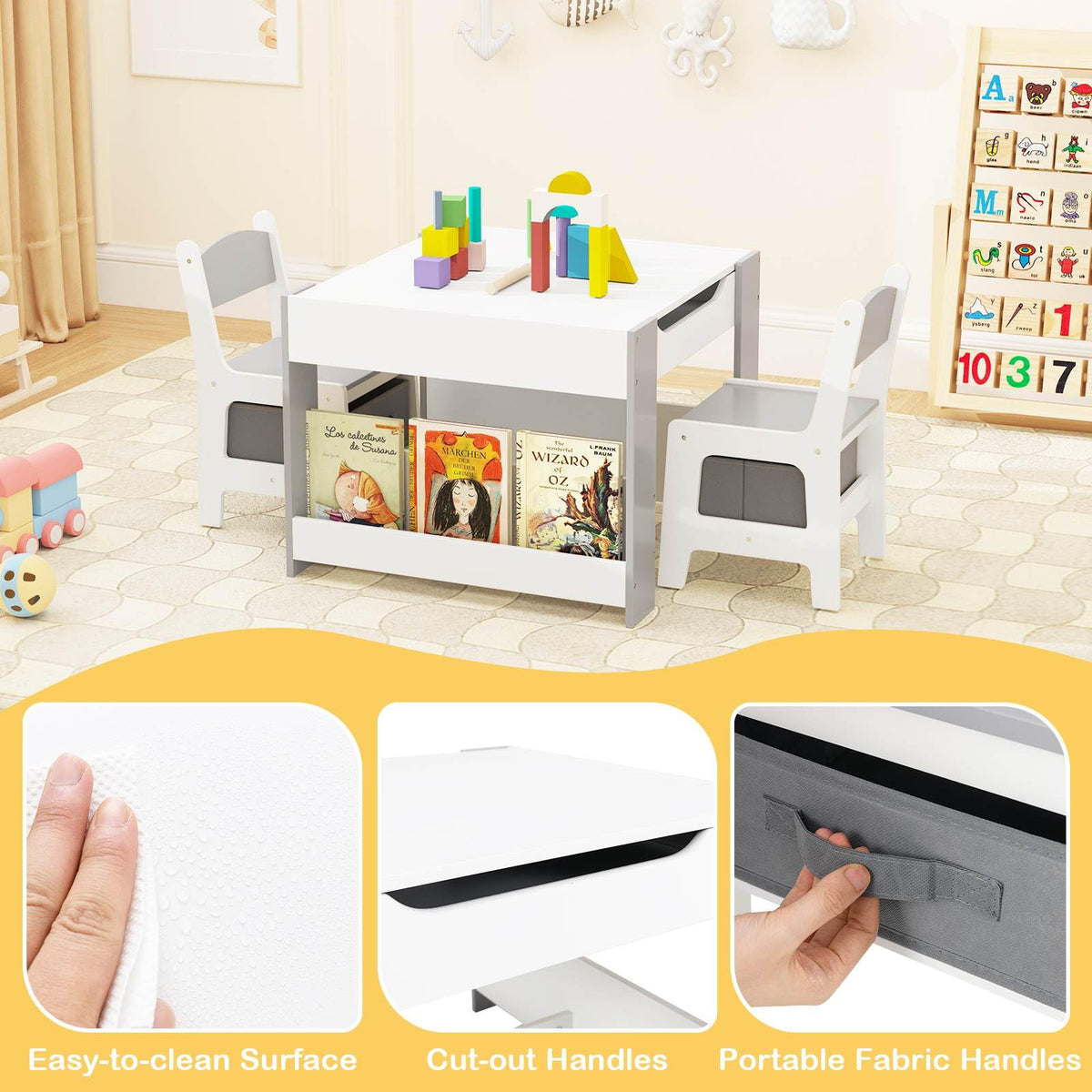4-in-1 Kids Wooden Activity Table with Reversible Blackboard and Bookshelves
