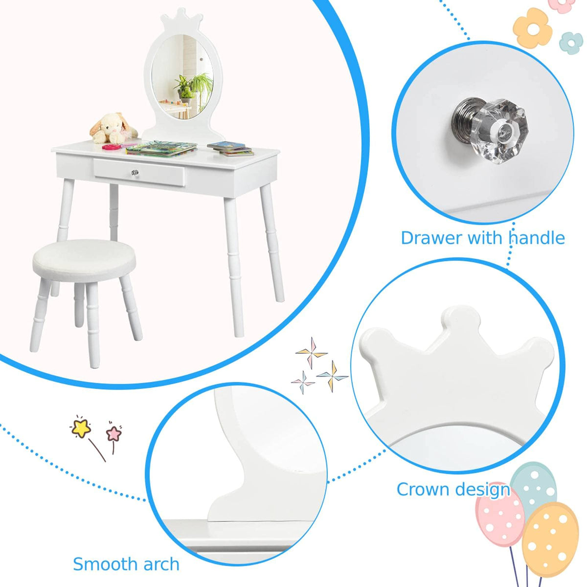 Kids Vanity Dressing Table Stool Set, Children Makeup Table Set