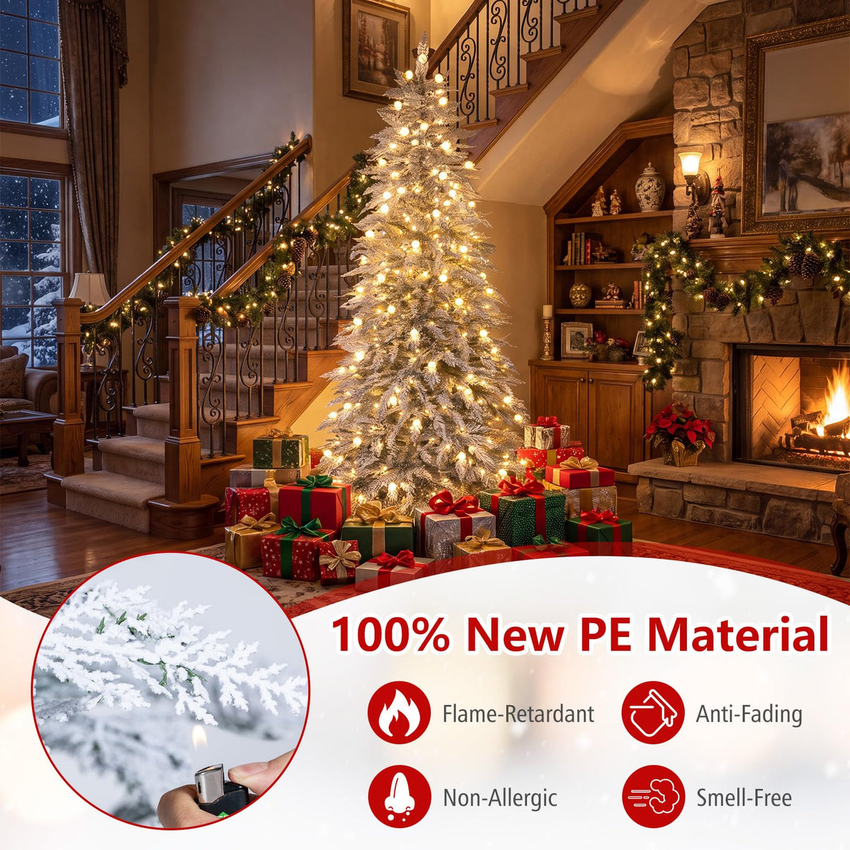 180/210cm Flocked Cypress Christmas Tree, Pre-Lit, Hinged