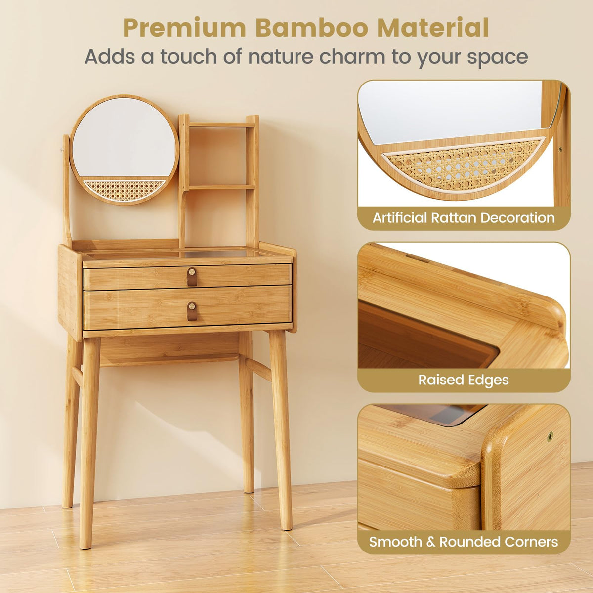 Small Vanity Desk with Mirror, Compact Makeup Table with 2 Drawers