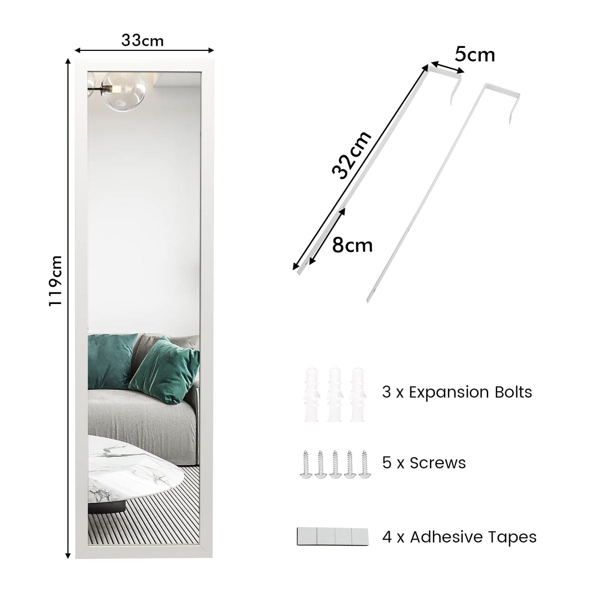 Full Length Over The Door Mirror, Full Length Mirror with Hanging Hooks for Door , White