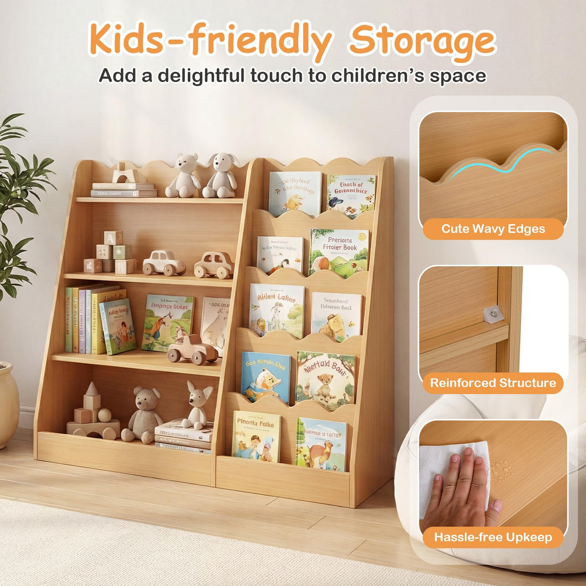 5-Tier Scalloped Shelves, Deep Compartments, Wooden Book