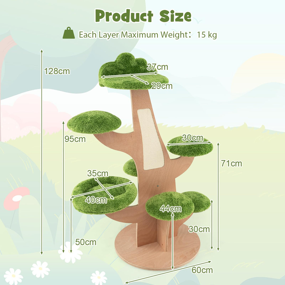 1.3M Pine Shape Cat Tree for Indoor Cats, Cute Multi-Level Cat Tower w/Sisal Scratching Board