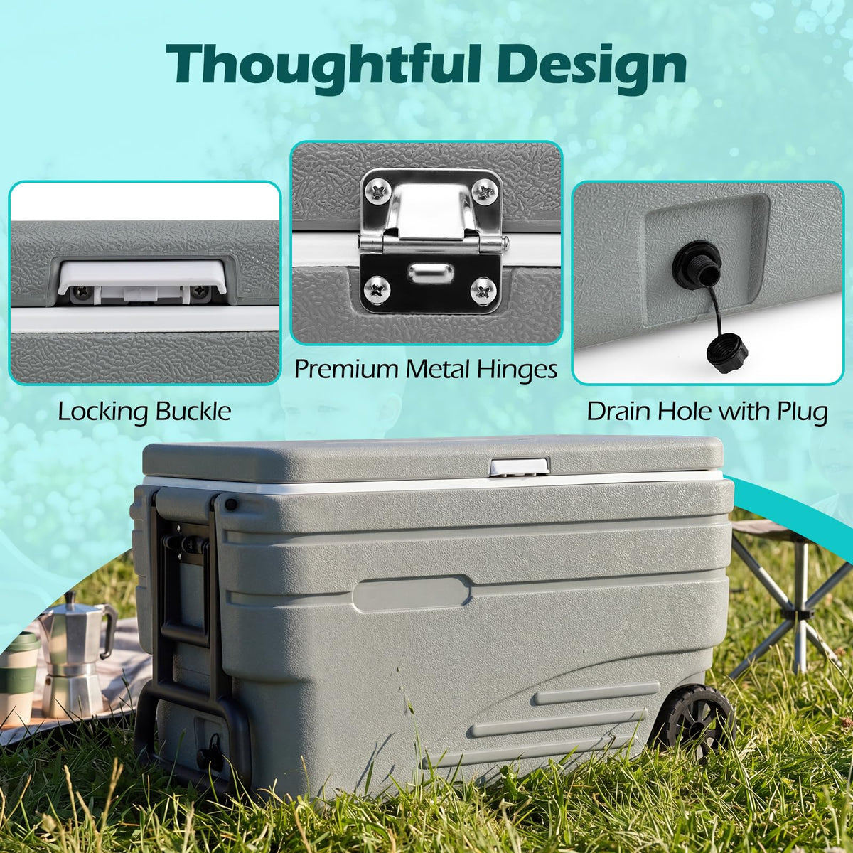 Outdoor Hard Cooler on Wheels 80L for Camping and Picnic with Handles