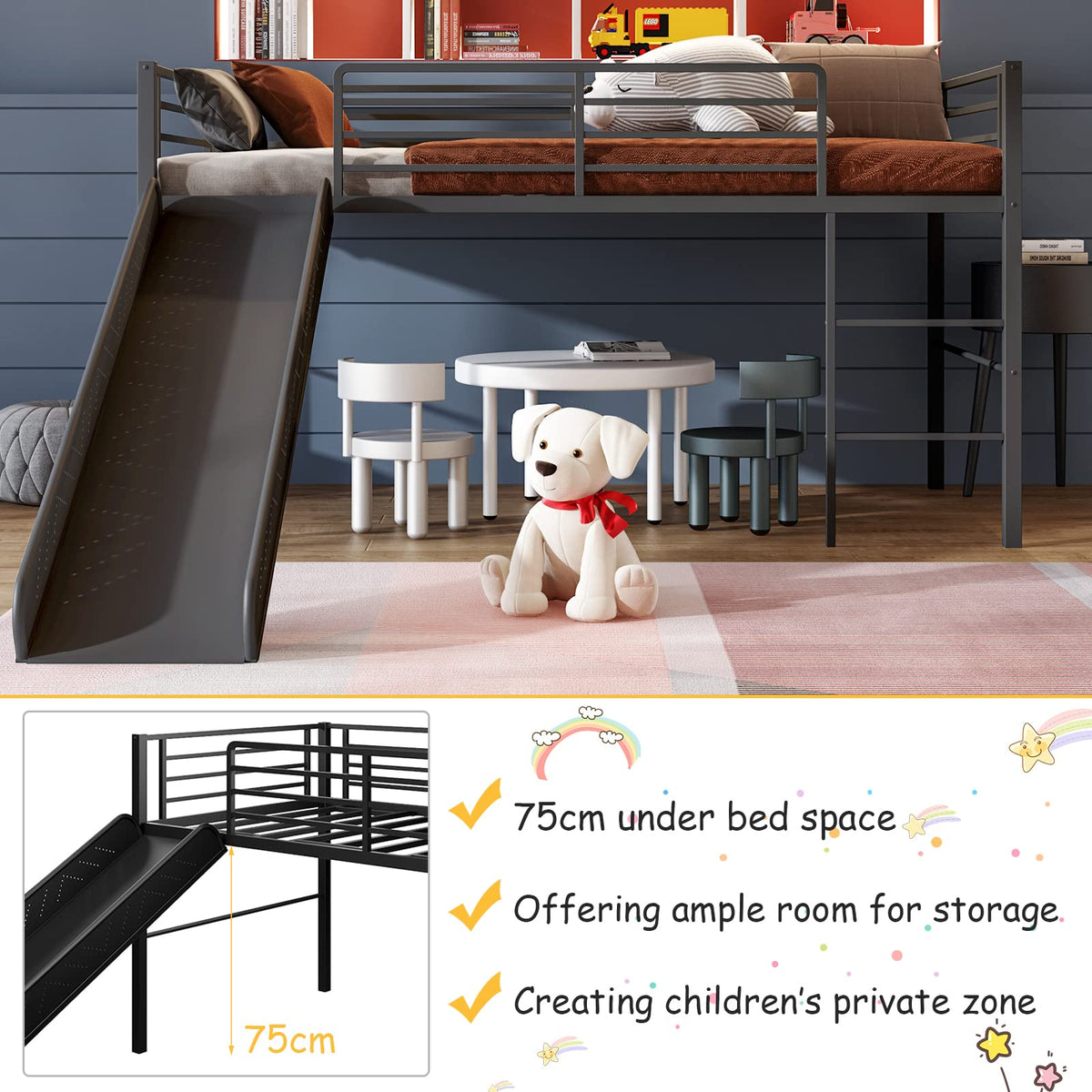 Giantex Metal Loft Bed with Slide, Heavy-Duty Steel Slats Support Loft Bed with Integrated Ladder & Full-Length Guardrails