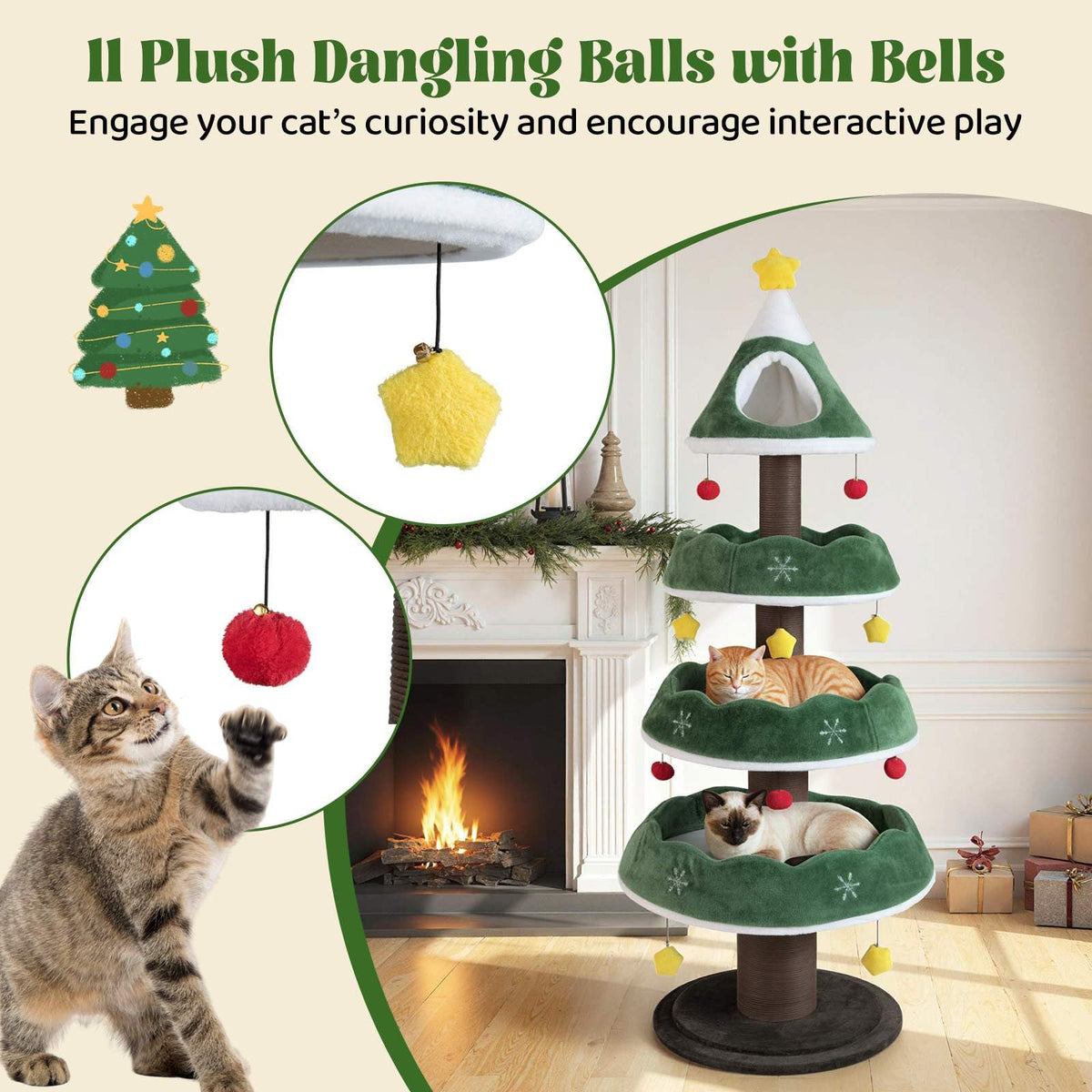 179 CM Tall Christmas Cat Tree, Multi-Level Kitten Tower with 3 Plush Platforms