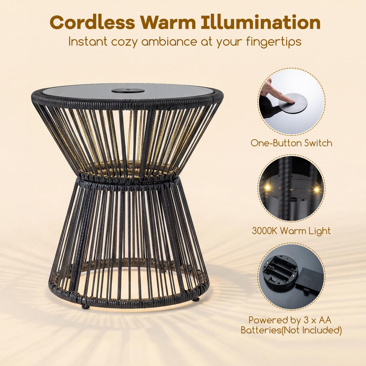 Outdoor Side Table with LED Warm Light, PE Rattan Hourglass-Shaped End Table with Tempered Glass Top