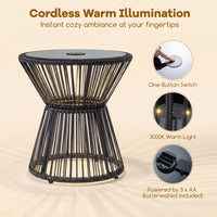 Outdoor Side Table with LED Warm Light, PE Rattan Hourglass-Shaped End Table with Tempered Glass Top