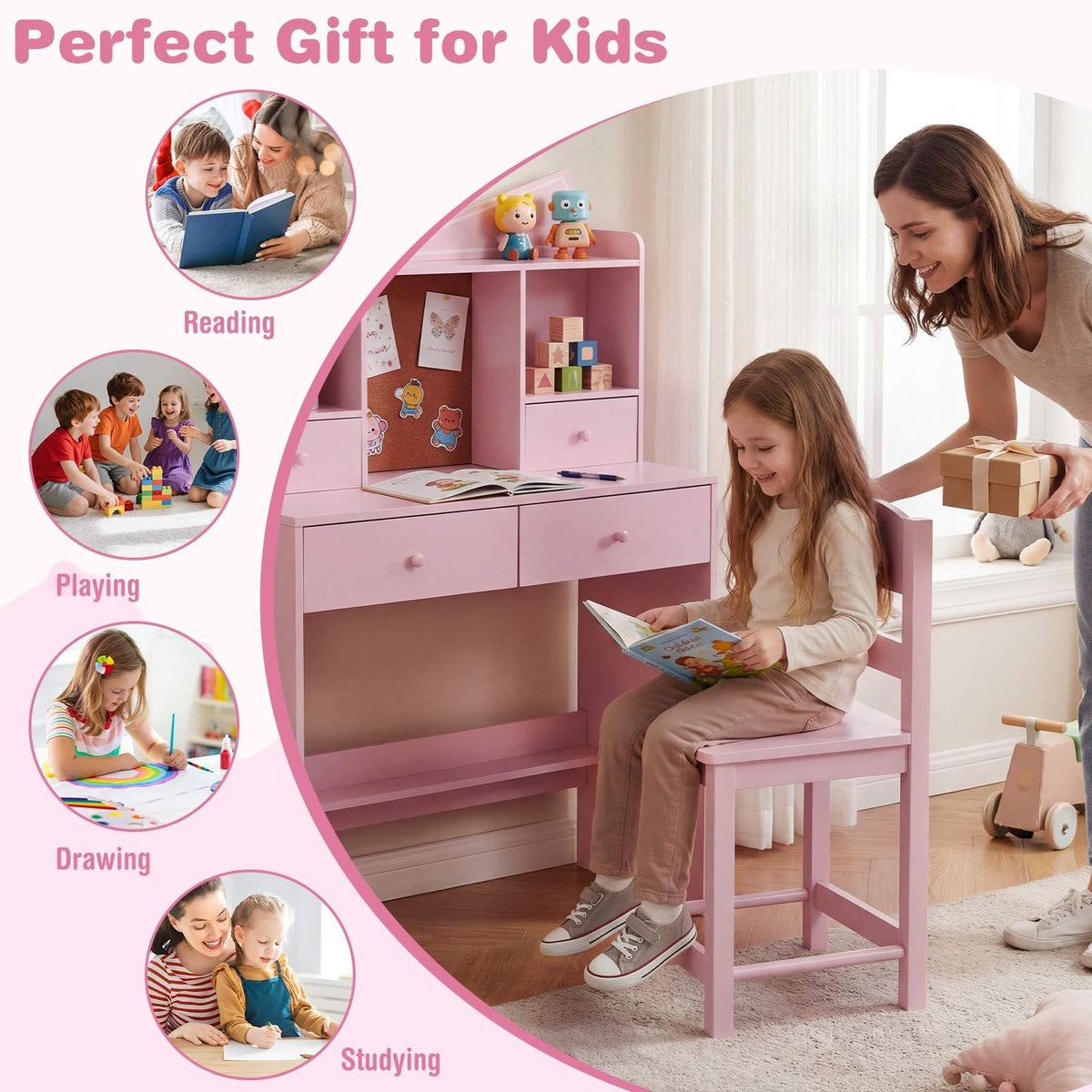 Kids Study Desk with Chair, Children Writing Table and Chair Set