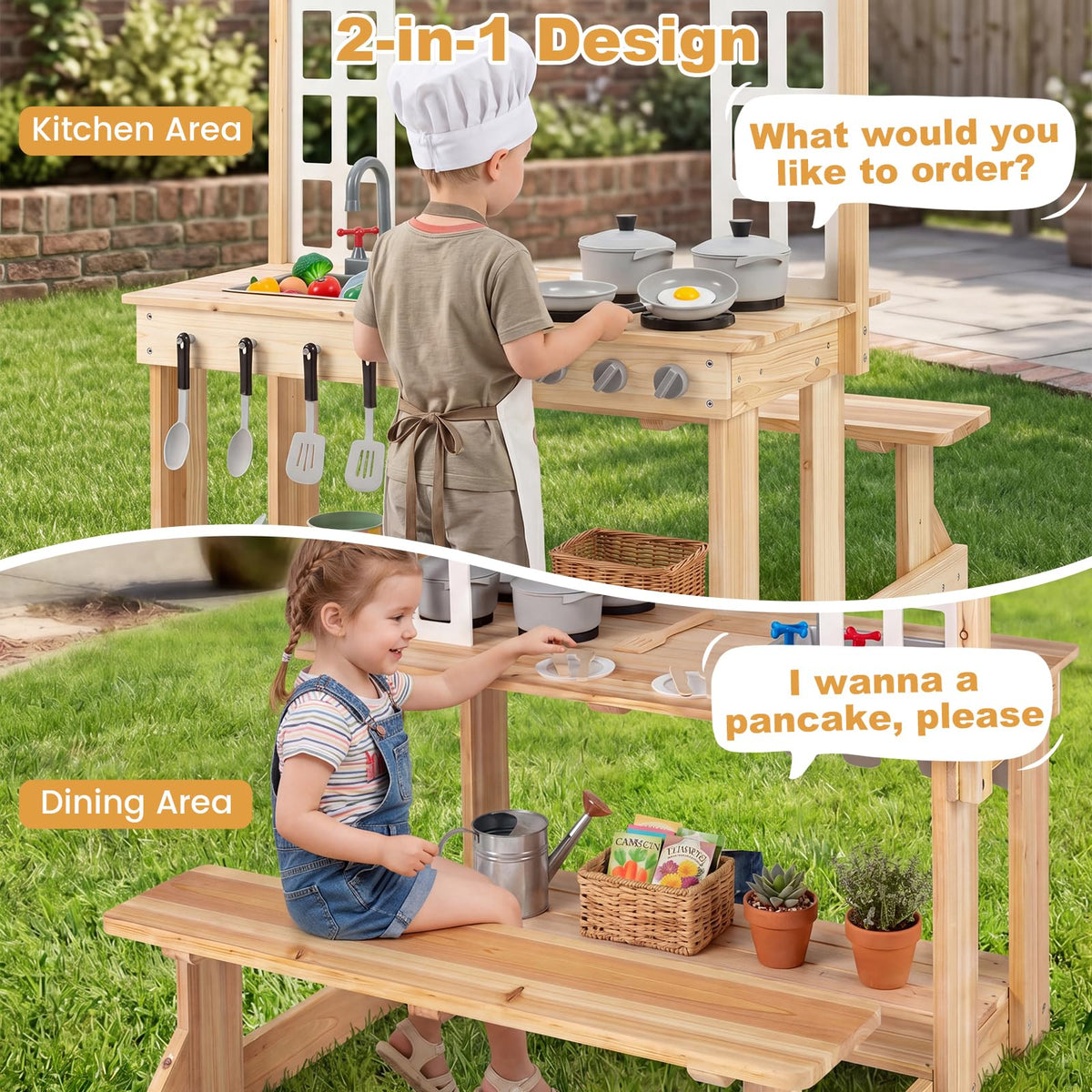 Outdoor Mud Kitchen with Stoves & Sink and Chalkboard for Kids