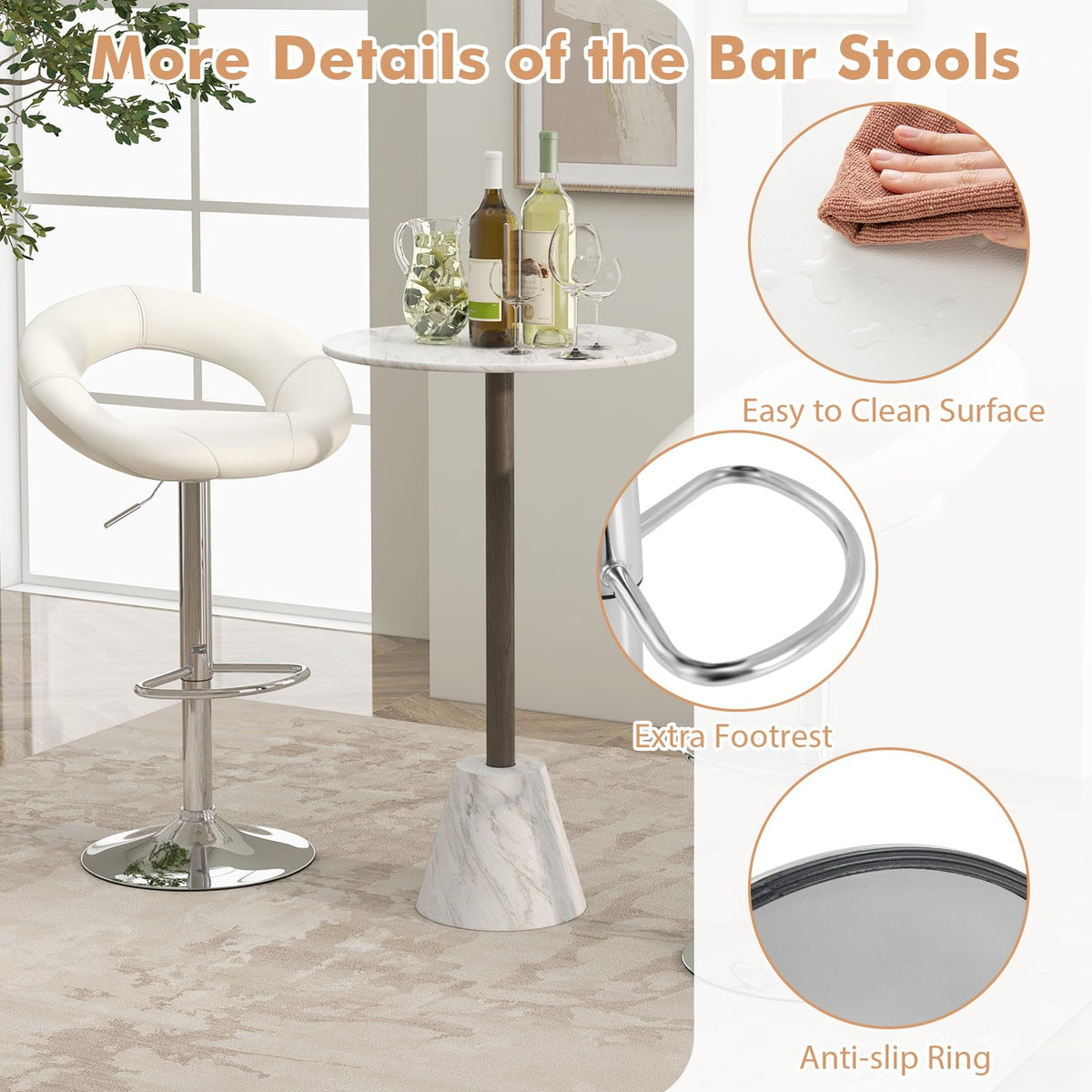 Swivel Bar Stool Set of 2 Height Adjustable with Hollow Back