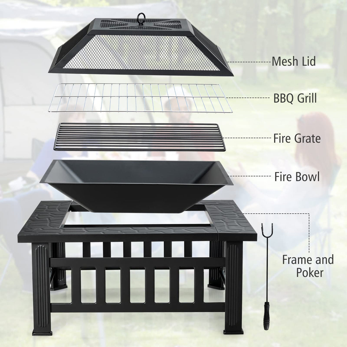 32” 3-in-1 Fire Pit, Outdoor Kitchen Charcoal BBQ Table Grill