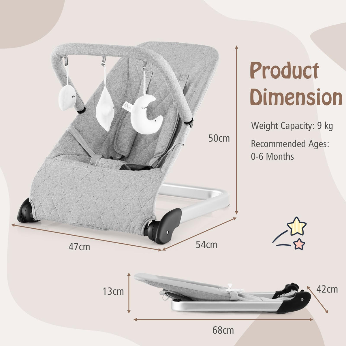 Baby Bouncer, Foldable Baby Rocker with 5-Point Safety Harness, Removable Fabric Cover and Toy Bar